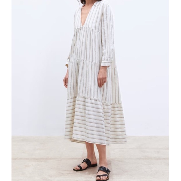 Zara Dresses & Skirts - ZARA CREAM STRIPED COTTON OVERSIZED MAXI DRESS S.